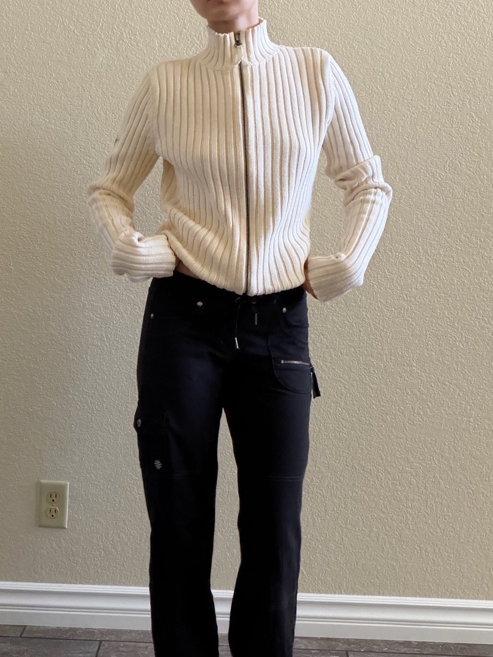 Vintage 90s y2k DKNY Jeans Cream Knit Ribbed Zip-Up Sweater Jacket